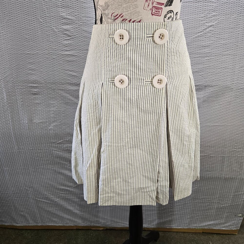 J Crew Gray & White Striped Seersucker Nautical Academia Pleated Cotton Skirt - Picture 2 of 12